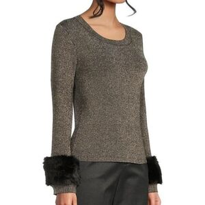 Nic+Zoe Metallic Sweater with Faux Fur Cuffs Medium Small Brown Gray Crewneck